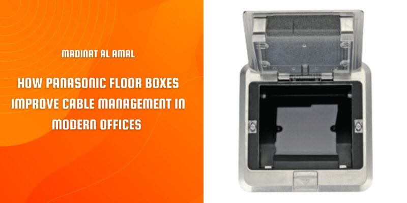 Panasonic floor box installed in a modern office workspace for efficient cable management and organized power distribution.