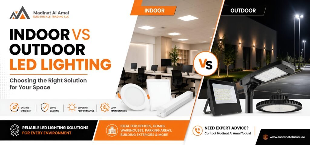 Indoor and outdoor LED lighting solutions from a trusted lighting supplier in Deira.