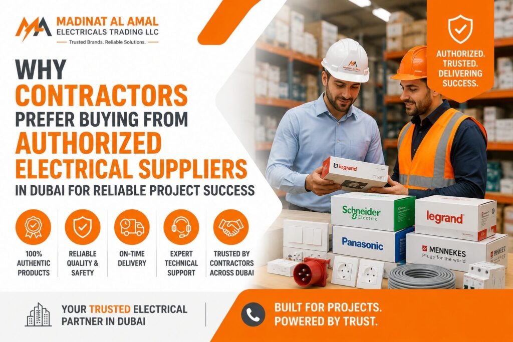 Contractor with an authorized electrical supplier in Dubai reviewing genuine electrical materials and wholesale products from Madinat Al Amal.
