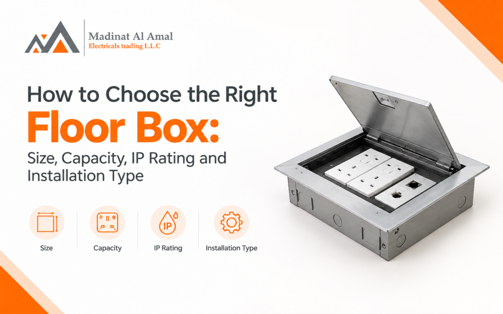 Floor box selection guide showing size, capacity, IP rating and installation type