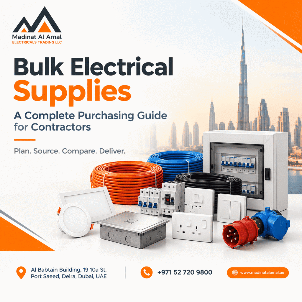 Bulk electrical supplies purchasing guide for contractors by Madinat Al Amal in Dubai, featuring electrical cables, circuit breakers, switches, sockets, floor boxes, and industrial plugs.